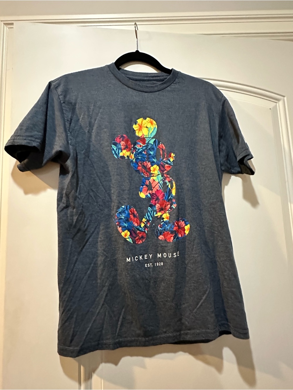 Disney Navy Blue Short Sleeve Tee with Colorful Floral Mickey Graphic
